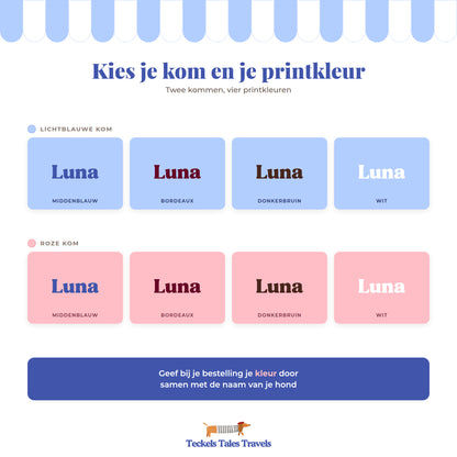 Keuzekaart printkleuren voor gepersonaliseerde hondenkom in blauw en roze
