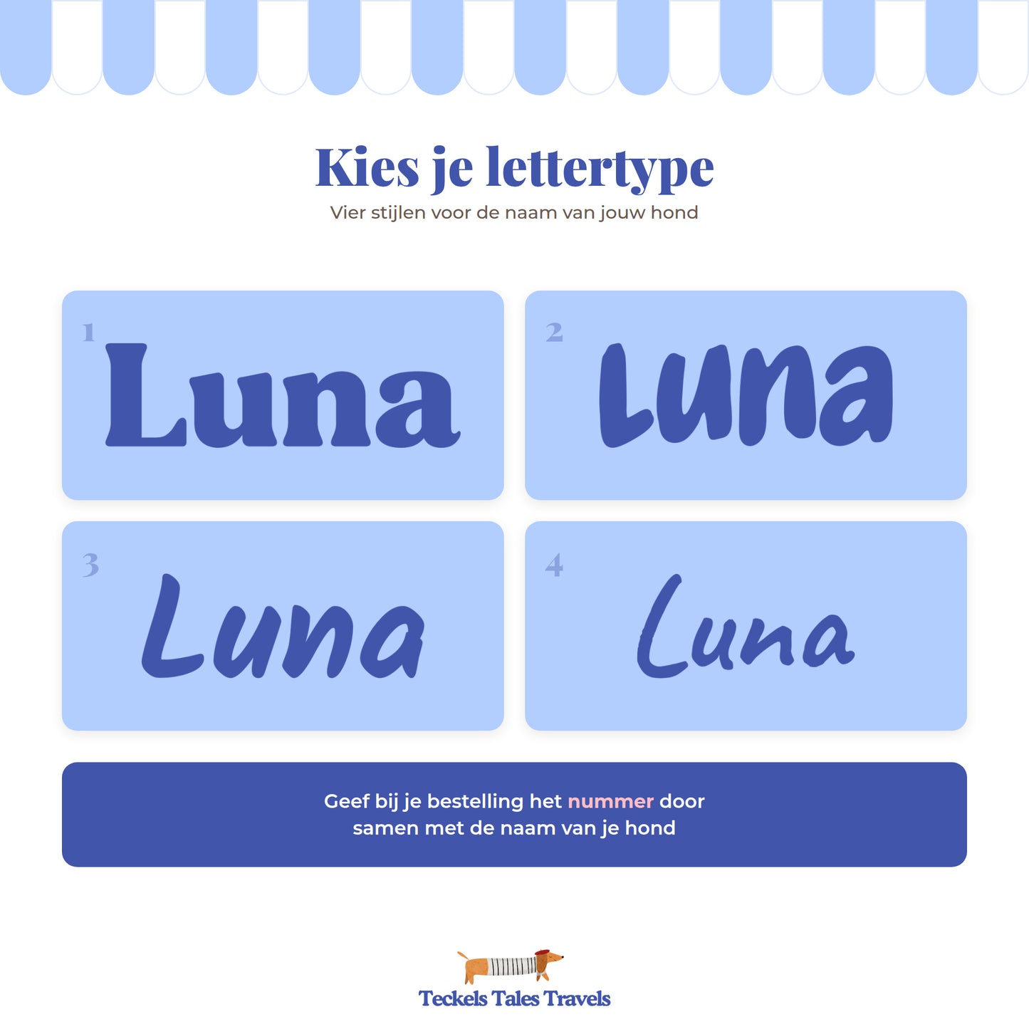 Keuzekaart met vier lettertypes voor de naam op een gepersonaliseerde hondenkom