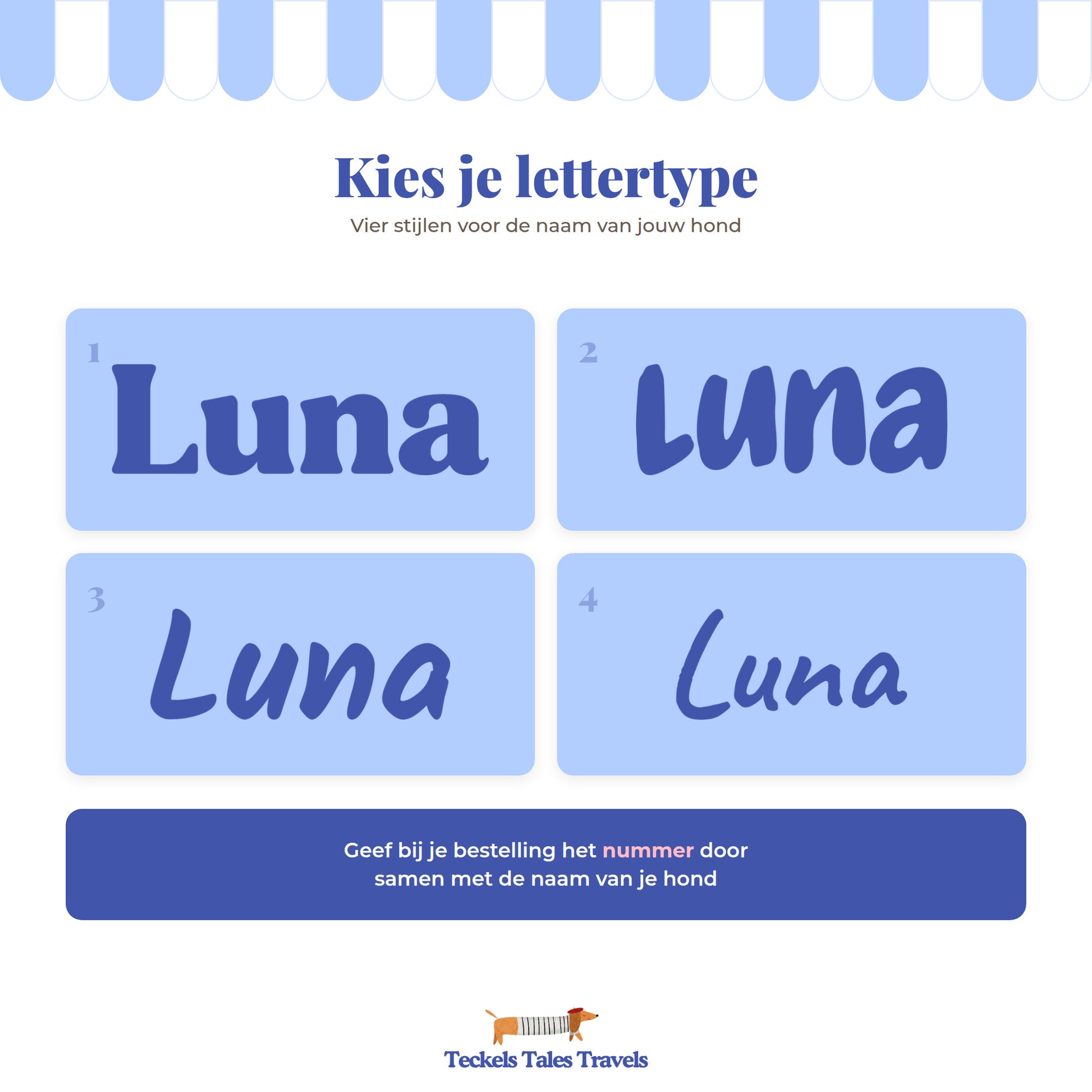 Keuzekaart met vier lettertypes voor de naam op een gepersonaliseerde hondenkom