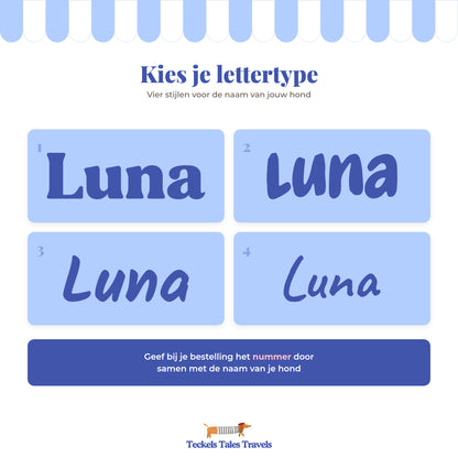 Keuzekaart met vier lettertypes voor de naam op een gepersonaliseerde hondenkom