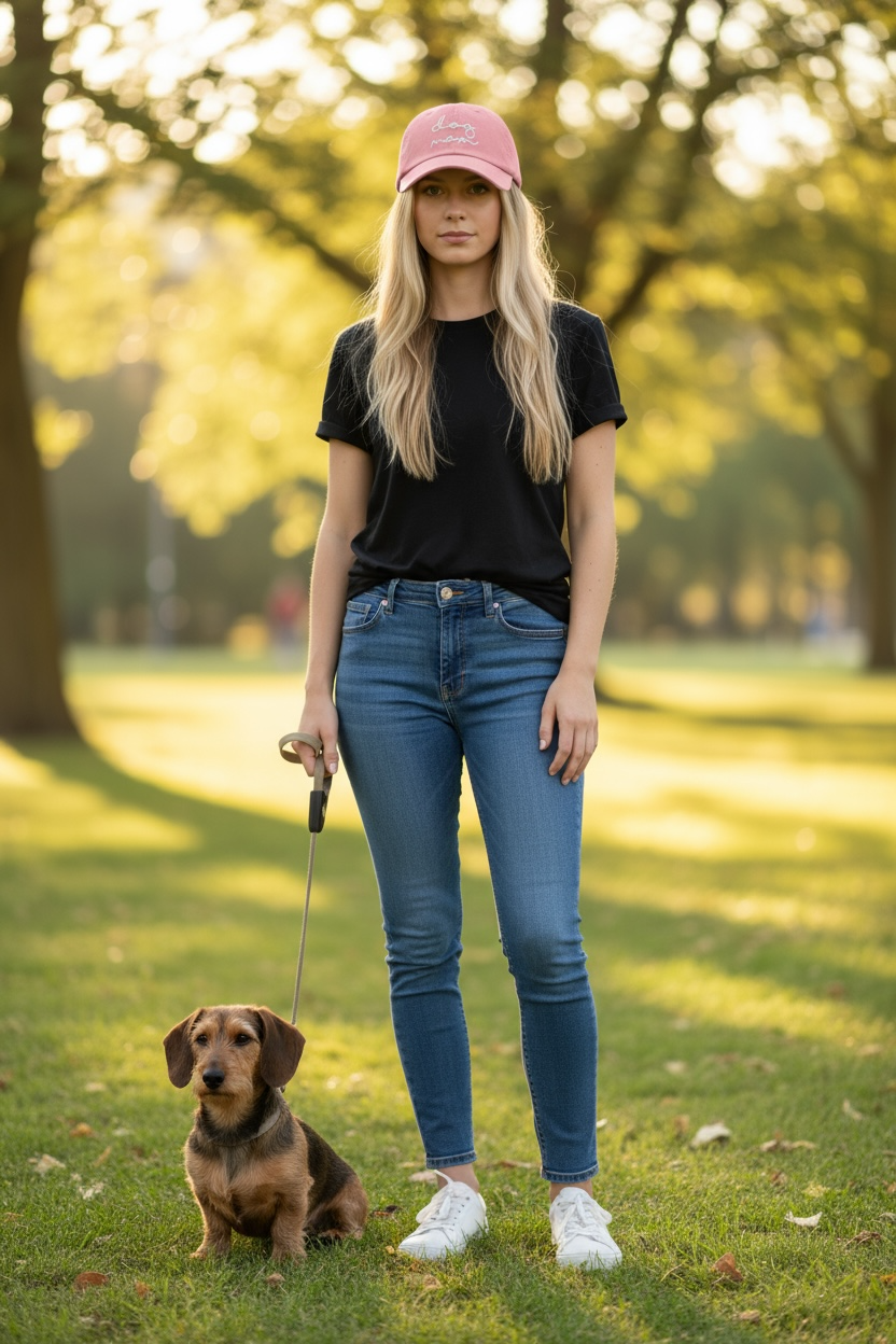 dame in een park met een kortharige teckel, ze draagt een roze pet met de geborduurde tekst dog mom
