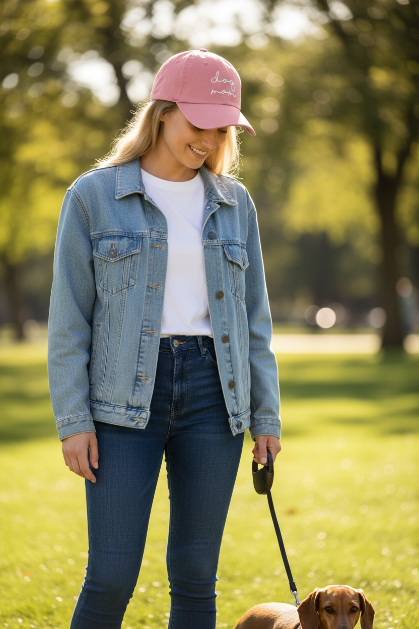 dame met teckel die in een park een roze pet met de tekst dog mom draagt