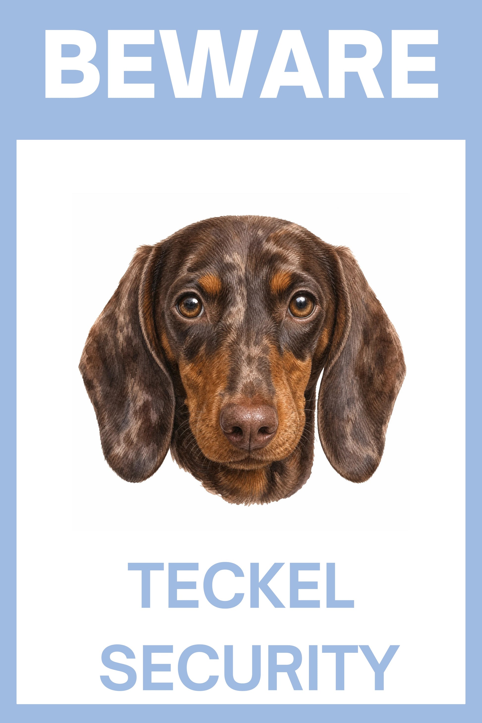 Waakbord dapple teckel choco - Beware Teckel Security bordje aluminium blauw