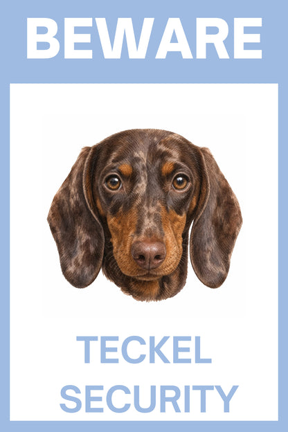 Waakbord dapple teckel choco - Beware Teckel Security bordje aluminium blauw