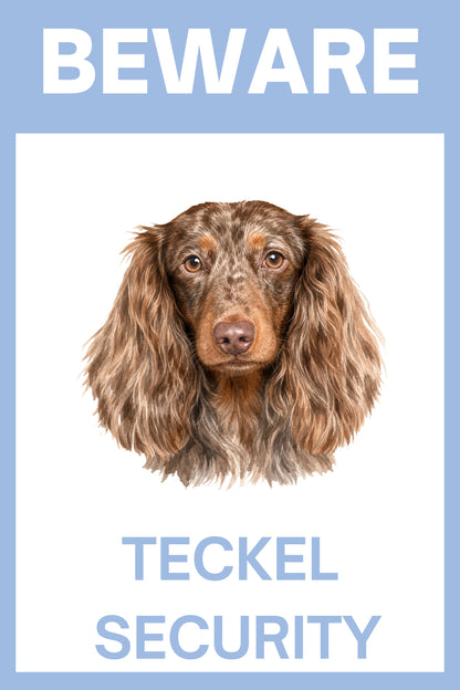 Waakbord dapple teckel choco langhaar - Beware Teckel Security bordje aluminium blauw