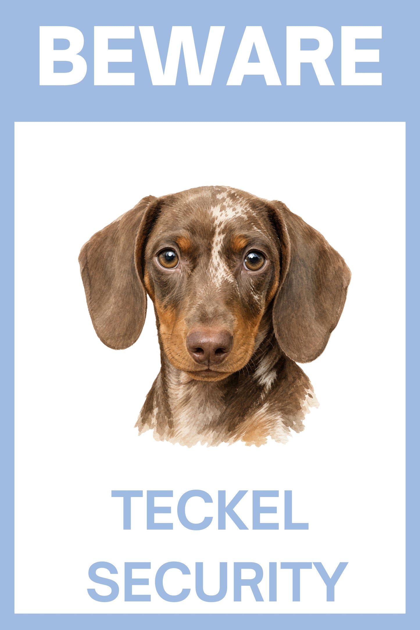 Waakbord dapple teckel puppy - Beware Teckel Security bordje aluminium blauw