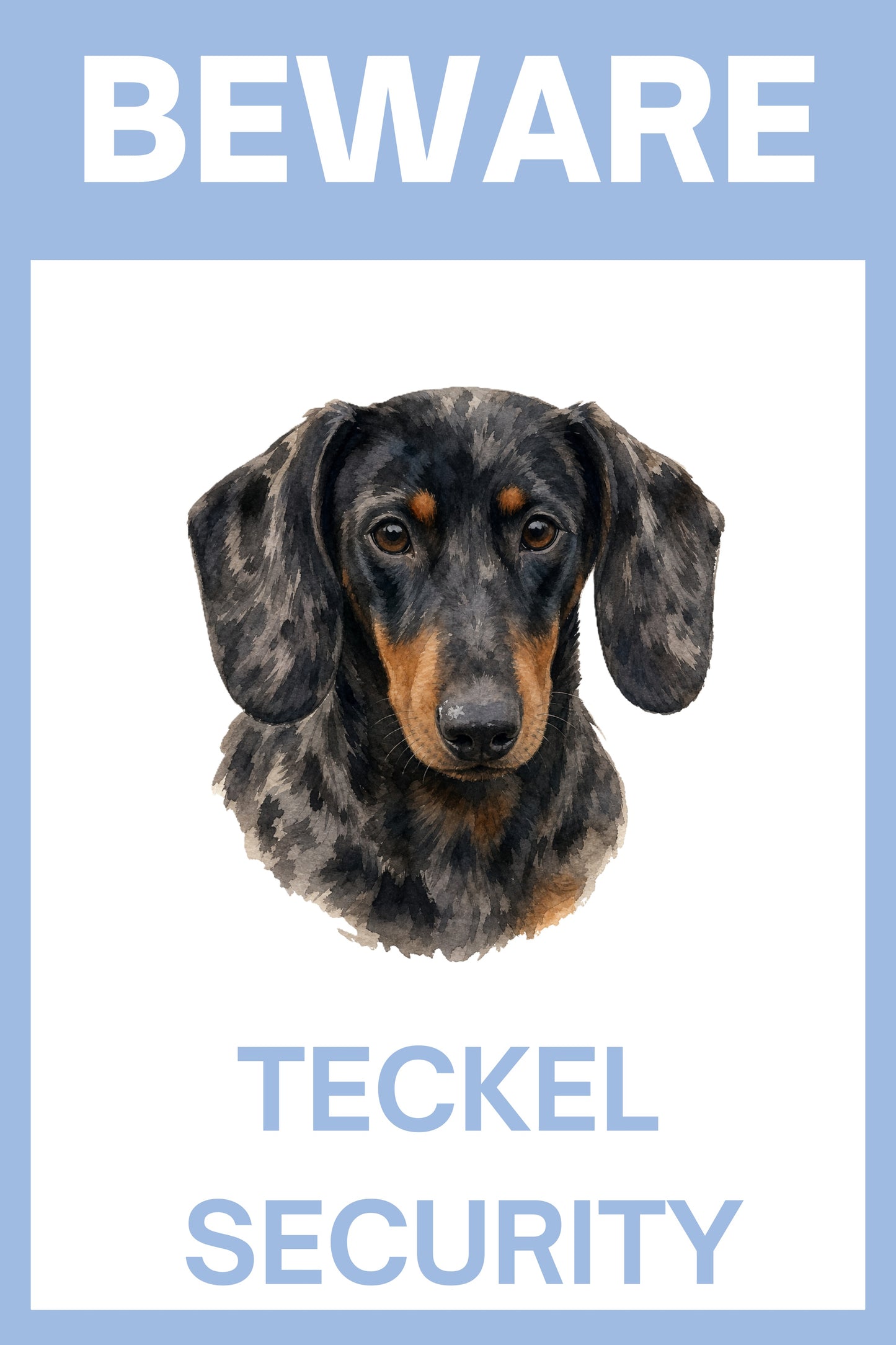 Waakbord merle teckel - Beware Teckel Security bordje aluminium blauw