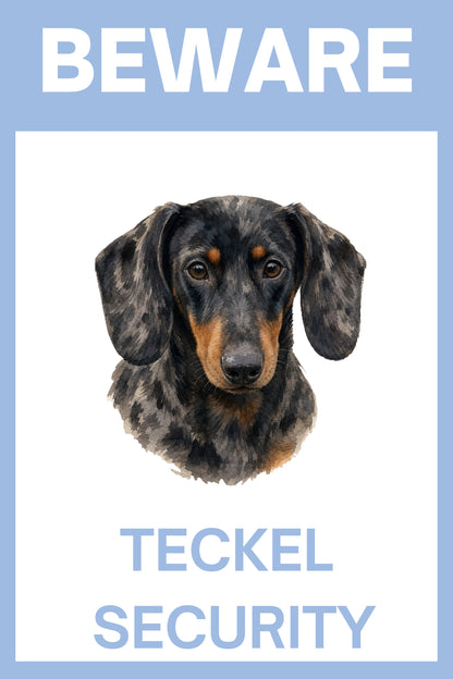 Waakbord merle teckel - Beware Teckel Security bordje aluminium blauw