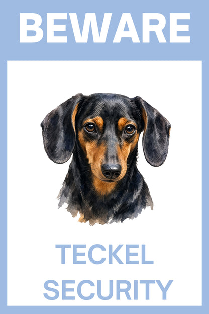 Waakbord teckel korthaar black en tan - Beware Teckel Security bordje aluminium blauw