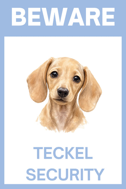 Waakbord teckel korthaar blonde puppy - Beware Teckel Security bordje aluminium blauw