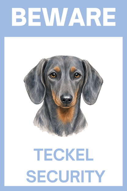 Waakbord teckel korthaar blue en tan - Beware Teckel Security bordje aluminium blauw