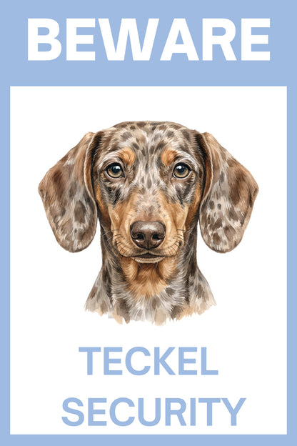 Waakbord teckel korthaar choco - Beware Teckel Security bordje aluminium blauw
