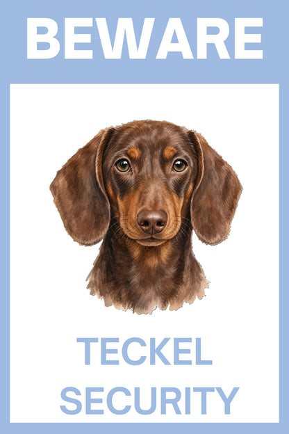 Waakbord teckel korthaar effen choco - Beware Teckel Security bordje aluminium blauw