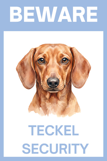 Waakbord teckel korthaar rood - Beware Teckel Security bordje aluminium blauw