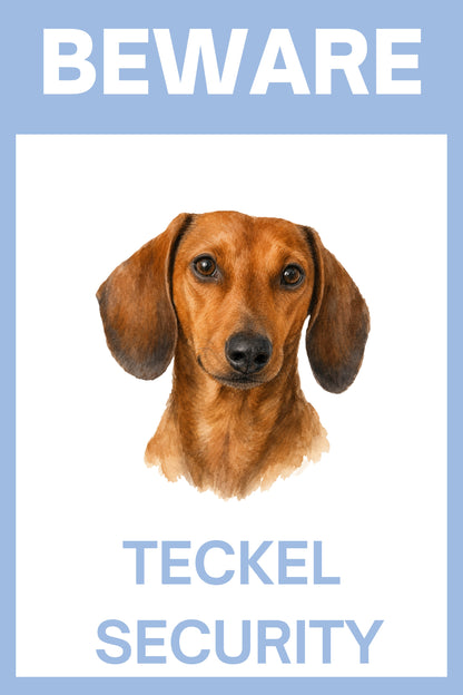 Waakbord teckel korthaar rood donker - Beware Teckel Security bordje aluminium blauw