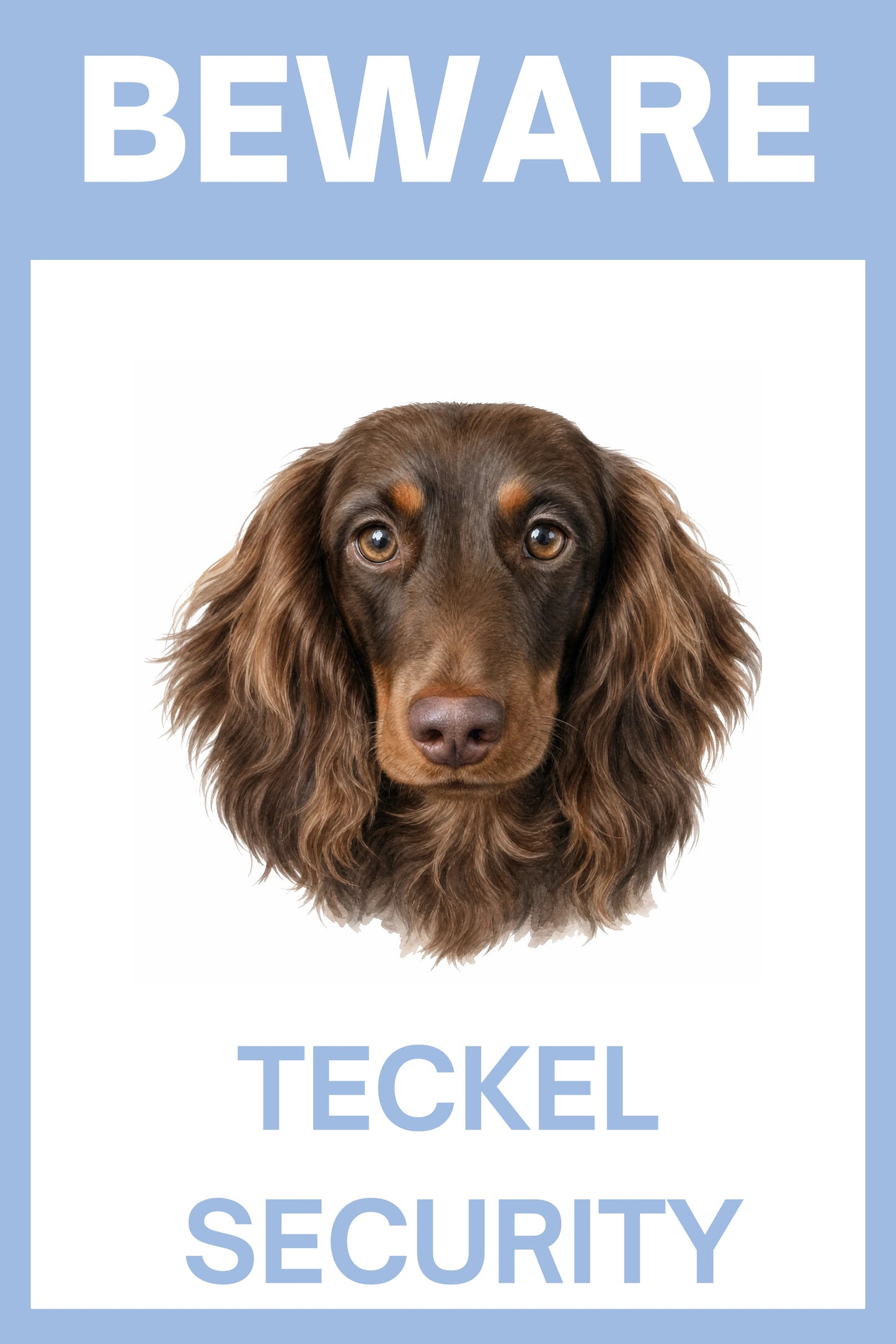Waakbord teckel langhaar choco - Beware Teckel Security bordje aluminium blauw