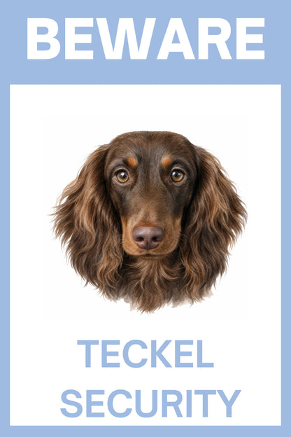 Waakbord teckel langhaar choco - Beware Teckel Security bordje aluminium blauw