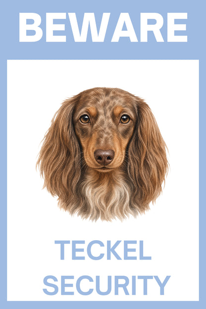 Waakbord teckel langhaar choco licht - Beware Teckel Security bordje aluminium blauw