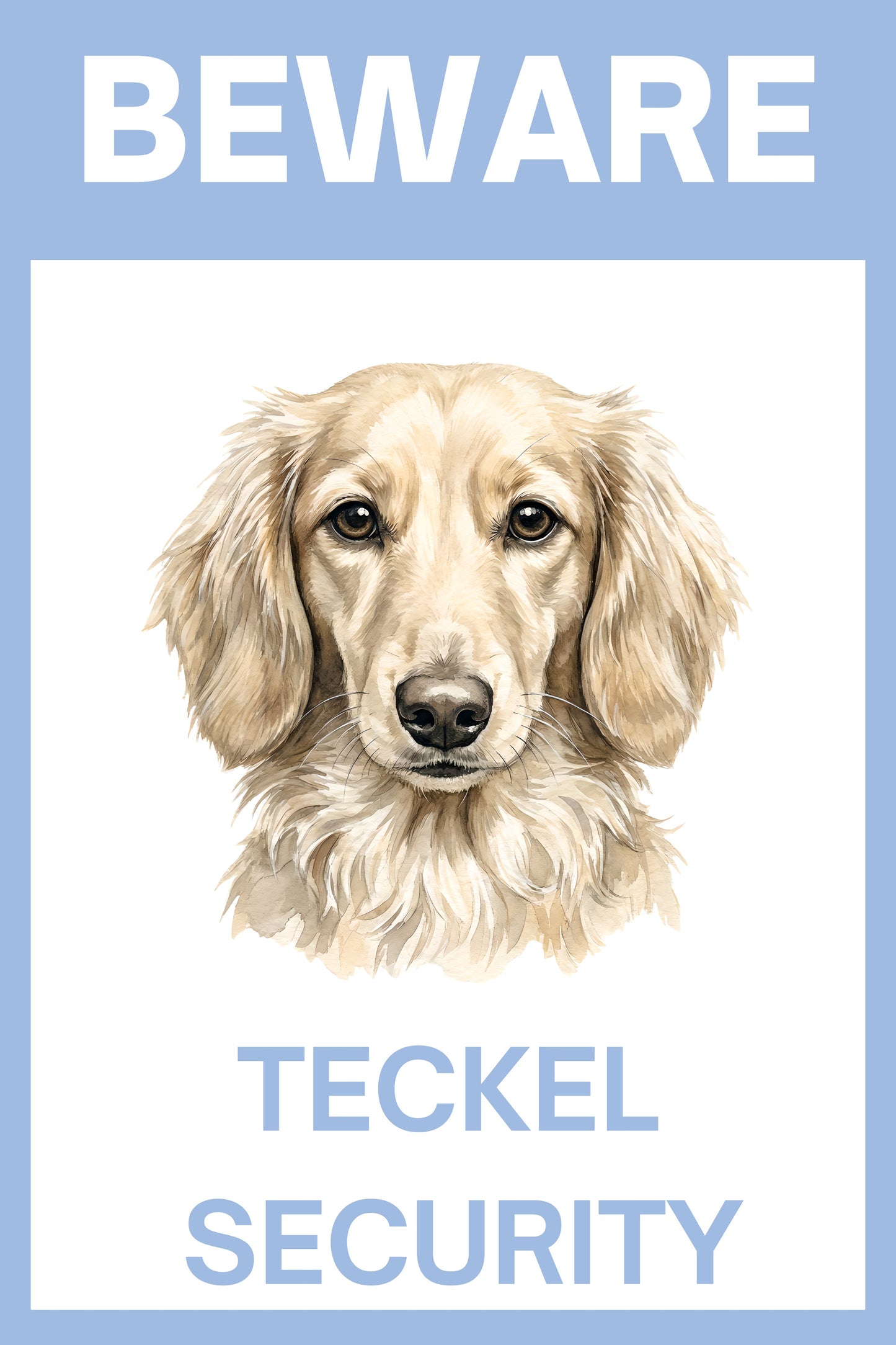 Waakbord teckel langhaar crème - Beware Teckel Security bordje aluminium blauw