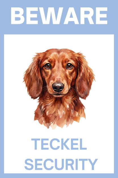 Waakbord teckel langhaar rood - Beware Teckel Security bordje aluminium blauw