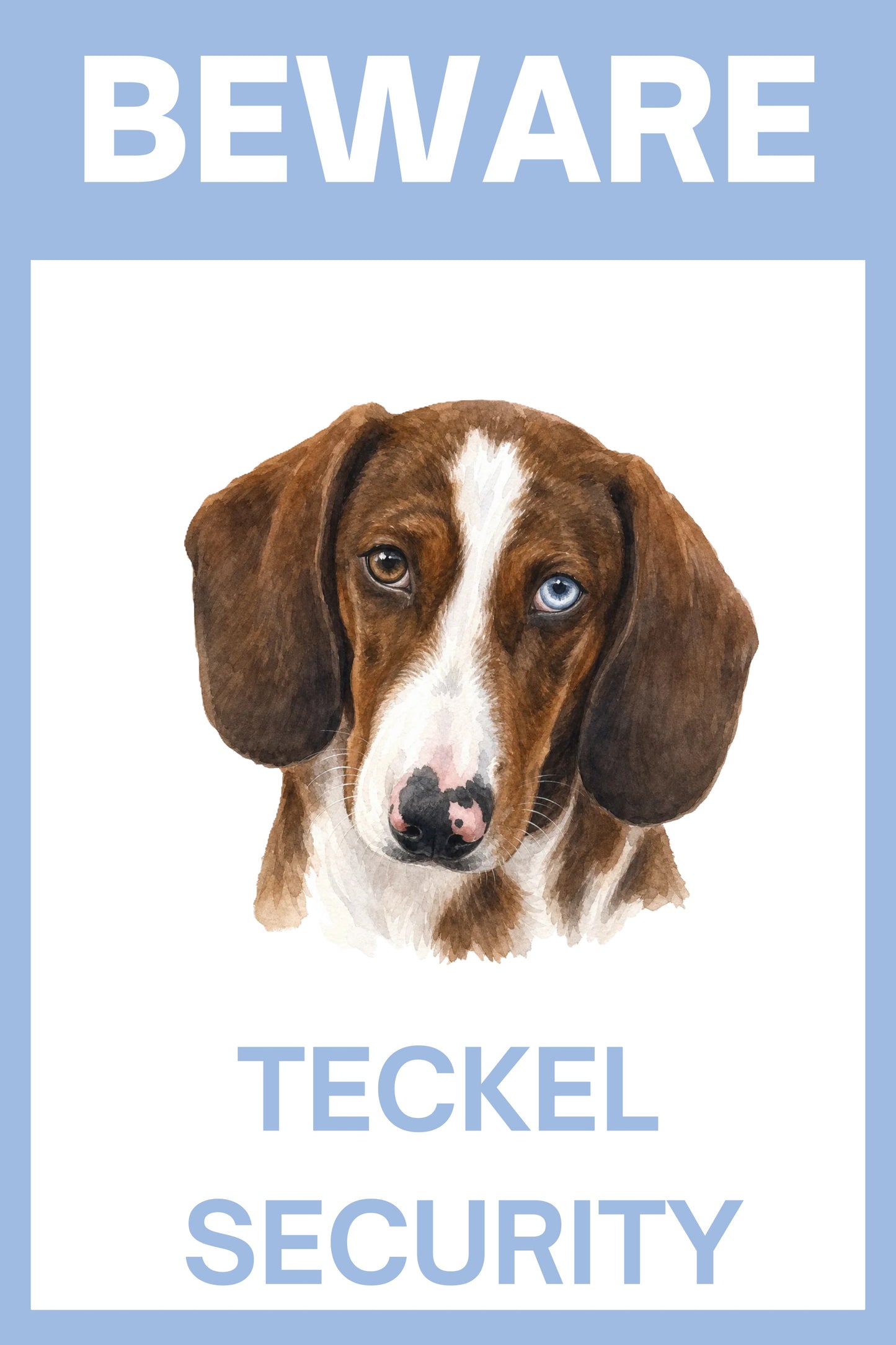 Waakbord piebald teckel choco - Beware Teckel Security bordje aluminium blauw