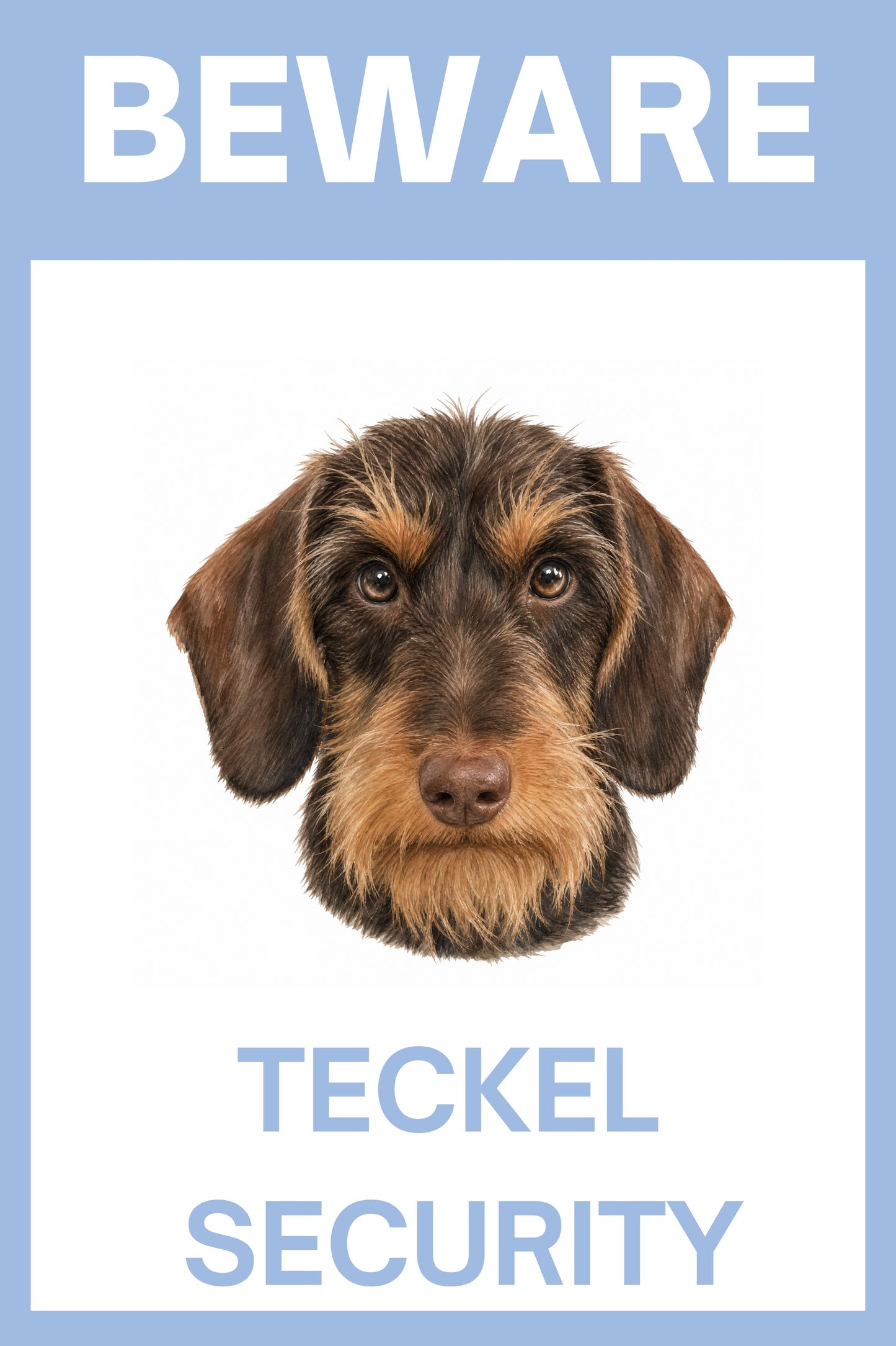 Waakbord teckel ruwhaar choco - Beware Teckel Security bordje aluminium blauw