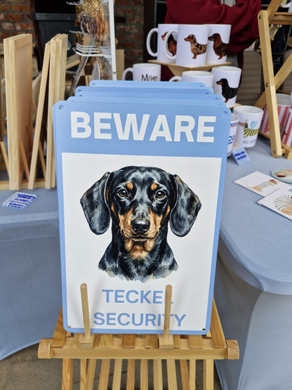 Waakbord teckel merle korthaar - Beware Teckel Security bordje in het blauw, echte foto